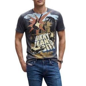 Retro DKNY Jeans SOHO Punk Rock Roll Graphic TShirt Mens S Gray Black Comic